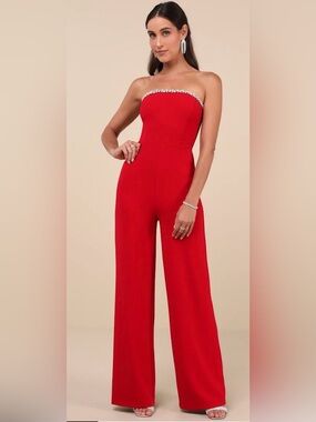 Lulus Lavish Muse Red Rhinestone Strapless Jumpsuit